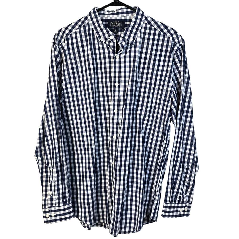 Nat Nast Shirt Men's L Navy White Gingham Check Preppy Casual Nautical Career